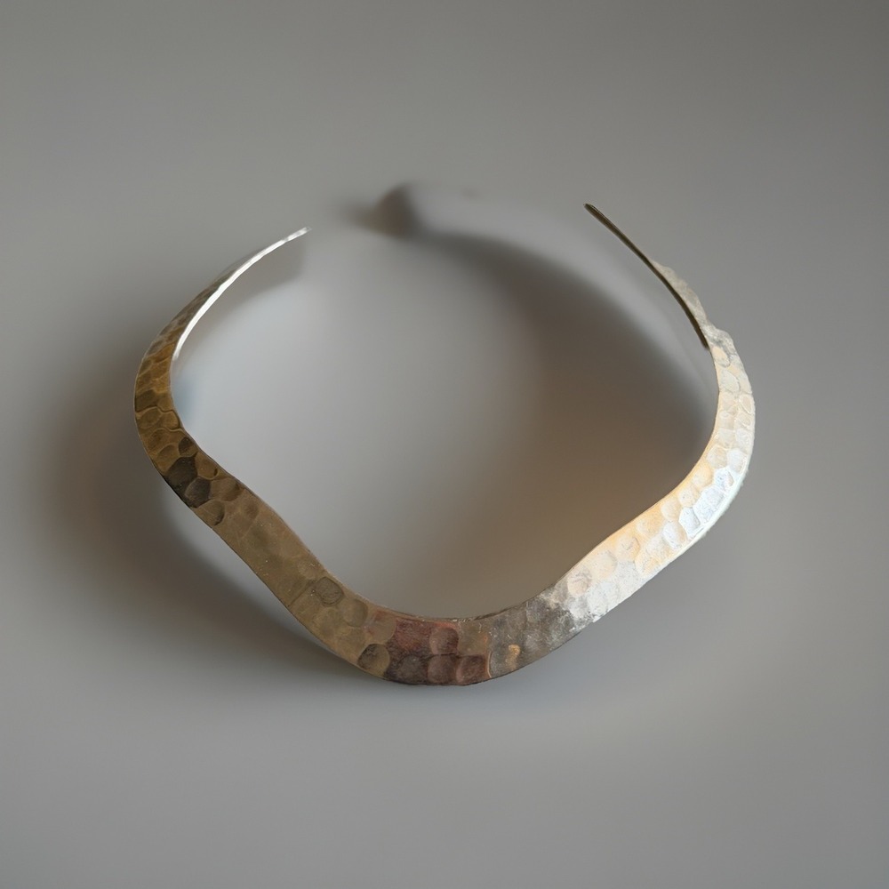 Silver Tone Flat Collar Necklace Hammered Torc Torque Textured Minimalist Design